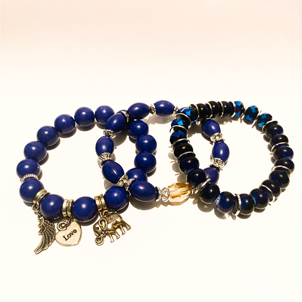 Blue Beaded Charm Bracelets Set